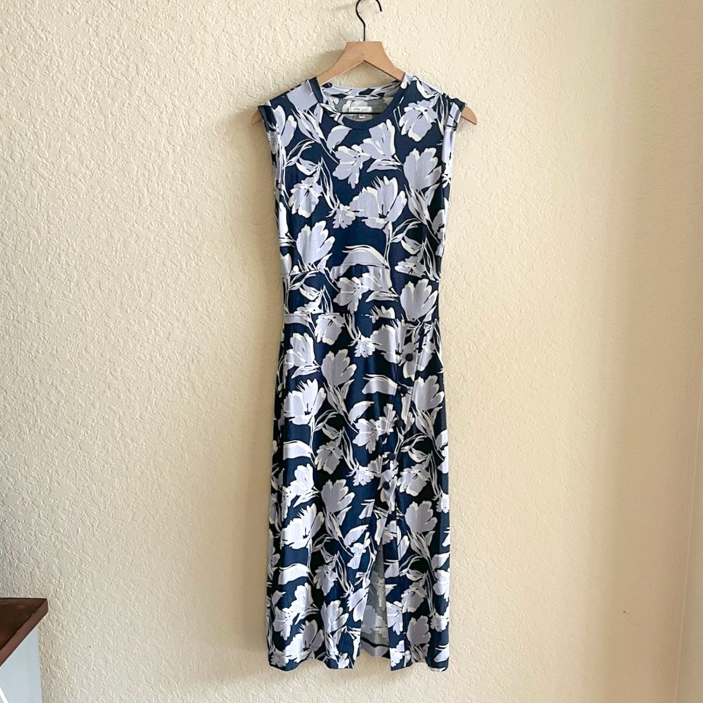 GREY STATE Blue Floral Knit Snap Slit Cap Sleeve Maxi Sheath Dress Women Small